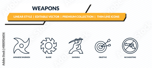 weapons icons set - japanese shuriken, blade, samurai, objetive, no shooting outline vector collection.