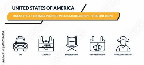 united states of america icons set - cab, labor day, director chair, thanksgiving day, george washington outline vector collection.