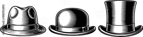 Engraved hats illustration in a row, perfect for vintage or retro designs
