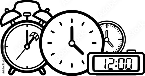 Vintage clock illustration featuring alarm clocks and digital clock
