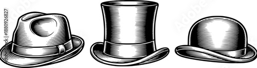 Engraved hats illustration in a row, perfect for vintage or retro designs
