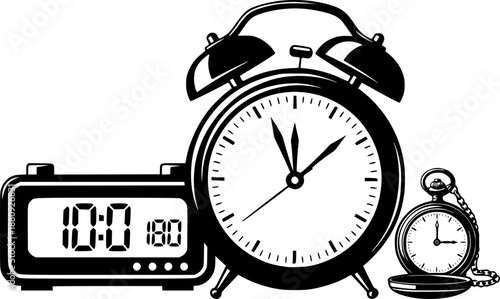 Vintage clock illustration featuring alarm clocks and digital clock
