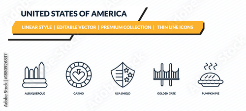 united states of america icons set - albuquerque, casino, usa shield, golden gate, pumpkin pie outline vector collection.