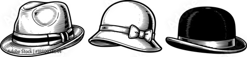 Engraved hats illustration in a row, perfect for vintage or retro designs
