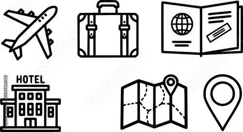 Collection of travel icons including airplane, suitcase, passport, hotel, map, and location pin
