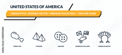 united states of america icons set - turkey leg, pyramid, cracker, american civil war, american native outline vector collection.