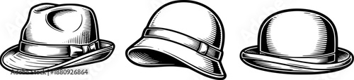 Engraved hats illustration in a row, perfect for vintage or retro designs
