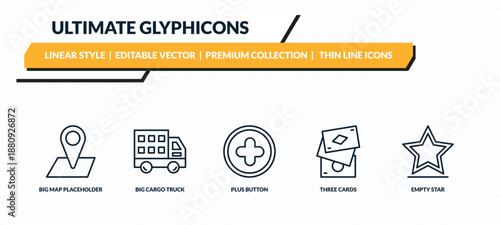 ultimate glyphicons icons set - big map placeholder, big cargo truck, plus button, three cards, empty star outline vector collection.