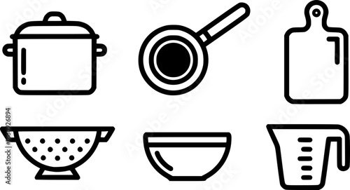 Collection of simple line art kitchen utensils including a pot, pan, cutting board, colander, bowl, and measuring cup
