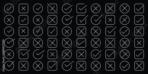 Hand drawn doodle checkmark and cross icons set checklist marks in box and circle grunge brush style vector illustration. Check tick mark icon set. Cross box x check mark checkbox v list vector draw 