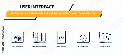 user interface icons set - data windows, vertical data bars, data coding, window time, spotted outline vector collection.