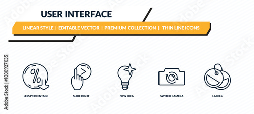user interface icons set - less percentage, slide right, new idea, switch camera, labels outline vector collection.