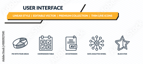 user interface icons set - pie with four areas, comparision table, avi extension, data analytics wheel, black star outline vector collection.