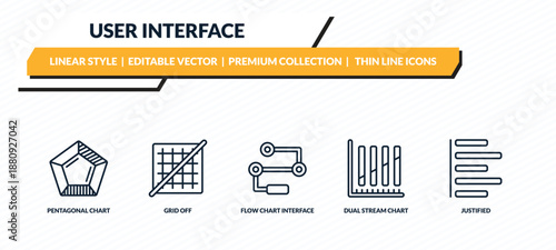user interface icons set - pentagonal chart, grid off, flow chart interface, dual stream chart, justified outline vector collection.