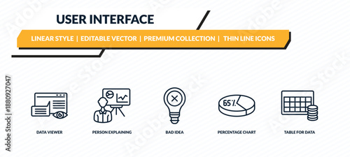 user interface icons set - data viewer, person explaining data, bad idea, percentage chart, table for data outline vector collection.