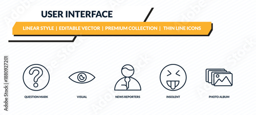 user interface icons set - question mark, visual, news reporters, insolent, photo album outline vector collection.