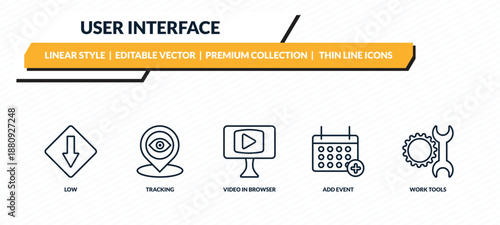 user interface icons set - low, tracking, video in browser, add event, work tools outline vector collection.
