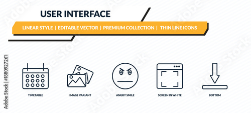 user interface icons set - timetable, image variant, angry smile, screen in white, bottom outline vector collection.