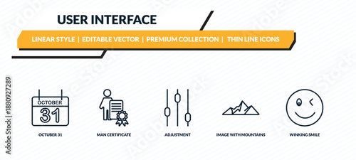 user interface icons set - octuber 31, man certificate, adjustment, image with mountains, winking smile outline vector collection.