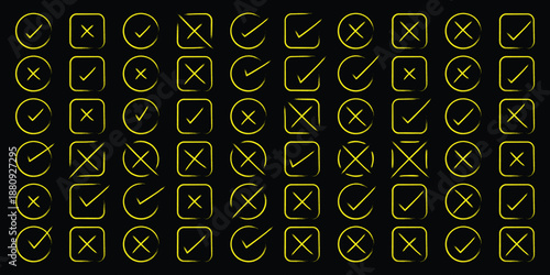 grunge scribble doodle checkmark and cross set. Grunge green check mark and red cross mark icon set. Dirty grunge stroke checkmark sign vector illustration. Check mark icons. Grunge brush stroke signs