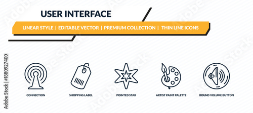 user interface icons set - connection, shopping label, pointed star, artist paint palette, round volume button outline vector collection.