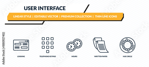 user interface icons set - looking, telephone keypad, hours, written paper, hue circle outline vector collection.