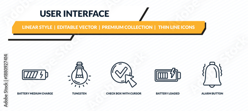 user interface icons set - battery medium charge, tungsten, check box with cursor, battery loaded, alarm button outline vector collection.