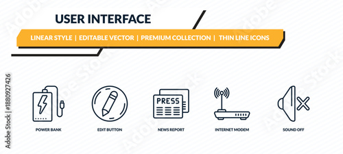 user interface icons set - power bank, edit button, news report, internet modem, sound off outline vector collection.
