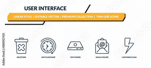 user interface icons set - delete bin, anti clockwise, tiny power, email evelope, lightning flash outline vector collection.