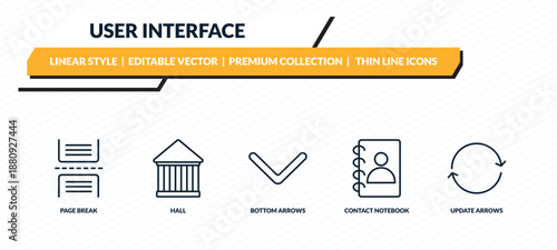user interface icons set - page break, hall, bottom arrows, contact notebook, update arrows outline vector collection.