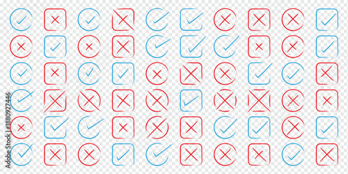 grunge scribble doodle checkmark and cross set. Grunge green check mark and red cross mark icon set. Dirty grunge stroke checkmark sign vector illustration. Check mark icons. Grunge brush stroke signs