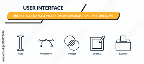 user interface icons set - italic, anchor point, intersect, external, elections outline vector collection.