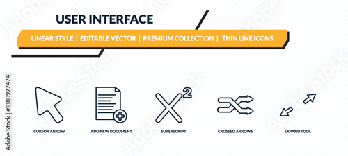 user interface icons set - cursor arrow, add new document, superscript, crossed arrows, expand tool outline vector collection.