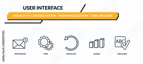 user interface icons set - new message, tings, rotate left, 3d bars, spellcheck outline vector collection.