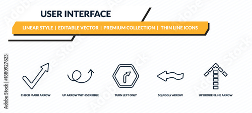 user interface icons set - check mark arrow, up arrow with scribble, turn left only, squiggly arrow, up broken line outline vector collection.
