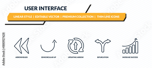 user interface icons set - arrowheads, semicircular up arrow, updating arrow, bifurcation, increase success outline vector collection.