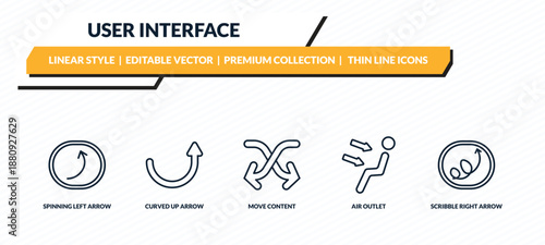 user interface icons set - spinning left arrow, curved up arrow, move content, air outlet, scribble right arrow outline vector collection.