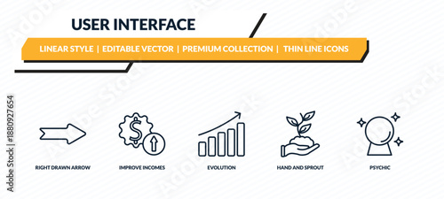 user interface icons set - right drawn arrow, improve incomes, evolution, hand and sprout, psychic outline vector collection.
