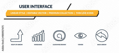 user interface icons set - right up arrow, increasing, clockwise drawn arrow, viewer, back arrow outline vector collection.