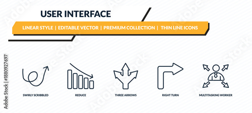 user interface icons set - swirly scribbled arrow, reduce, three arrows, right turn, multitasking worker outline vector collection.
