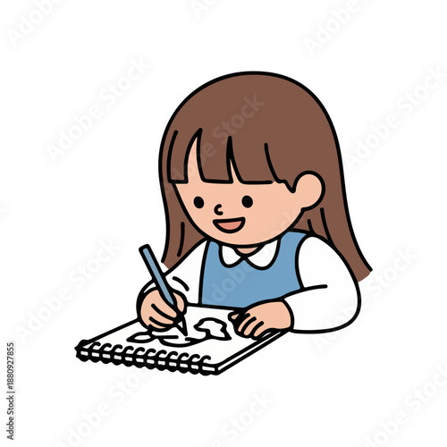 Little Girl Drawing in Notebook Simple Cartoon Vector