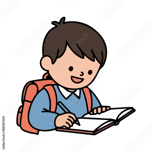 Young Student Writing in Notebook Wearing Backpack