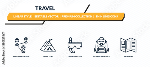 travel icons set - road map and pin, jaima tent, diving goggles, student backpack, brochure outline vector collection.
