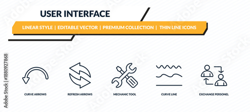 user interface icons set - curve arrows, refresh arrows, mechanic tool, curve line, exchange personel outline vector collection.