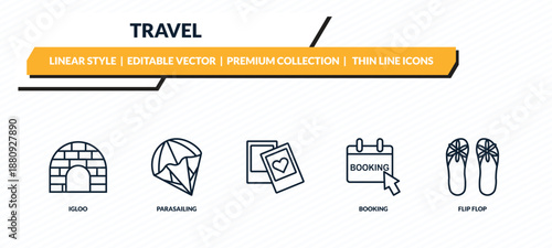 travel icons set - igloo, parasailing, , booking, flip flop outline vector collection.