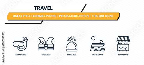 travel icons set - scuba diving, lifejacket, hotel bell, water craft, food stand outline vector collection.