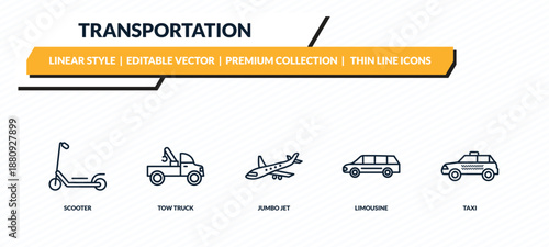 transportation icons set - scooter, tow truck, jumbo jet, limousine, taxi outline vector collection.