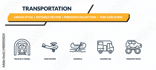 transportation icons set - train in a tunnel, crop duster, gondola, camper car, monster truck outline vector collection.