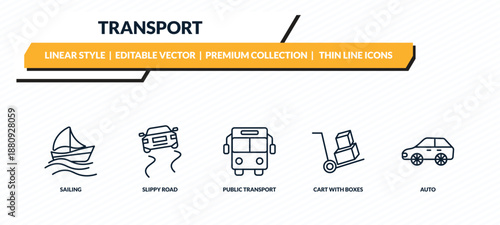 transport icons set - sailing, slippy road, public transport, cart with boxes, auto outline vector collection.