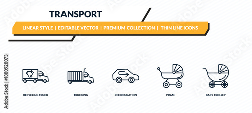 transport icons set - recycling truck, trucking, recirculation, pram, baby trolley outline vector collection.